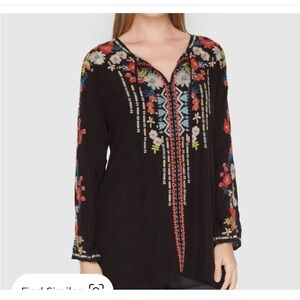 Johnny Was Brand Floral Embroidered Black Blouse
